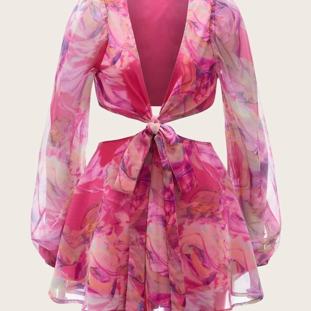 Multicolor Boho Lantern Sleeve Knot Cutout Waist Chiffon Romper - Picture 4 of 9